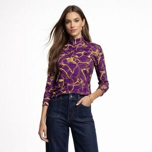 J McLaughlin Bedford  Zip Top M Blue Gold Chain Link Catalina Cloth Pullover